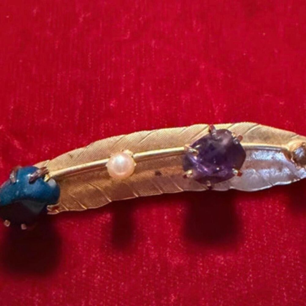 Vintage Vogue Signed Feather Brooch, Gold Tone Plume Pin with Pearl & Gemstones